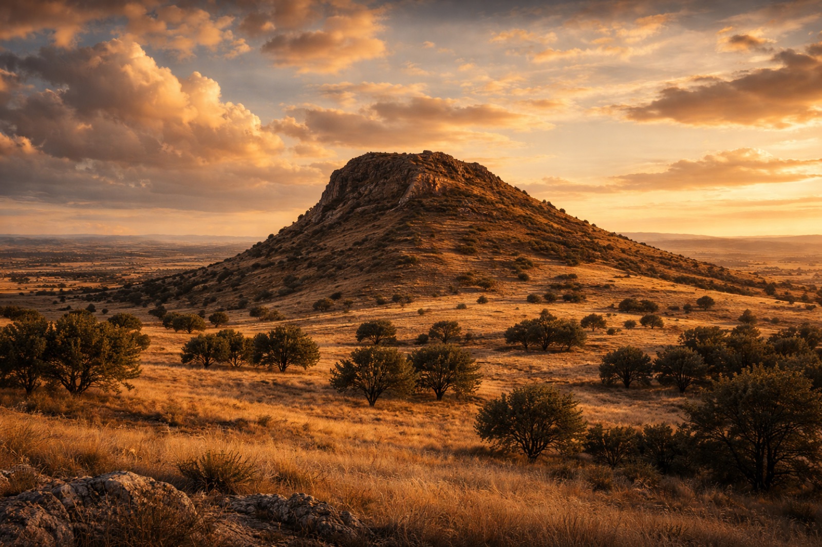 Vista actual del Arapil Grande al atardecer, con encinas y campos de cultivo