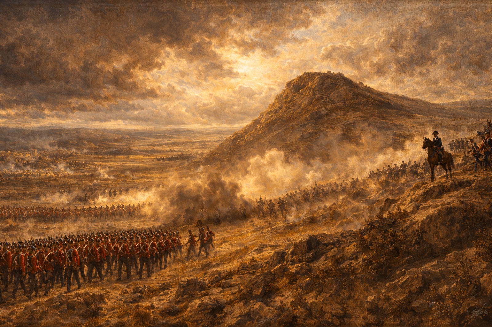 Pintura histórica de la Batalla de Arapiles: infantería británica con casaca roja avanza al pie del Arapil Grande bajo un cielo cargado